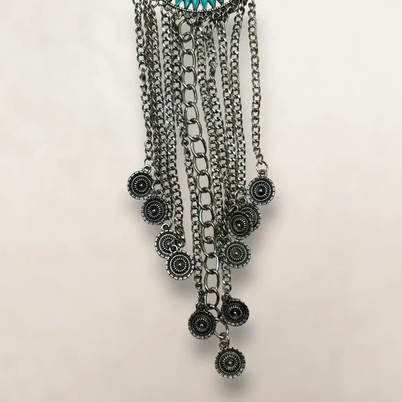 Southwestern Bohemian Bib Statement Necklace Faux Turquoise and Silver-Tone - Picture 8 of 10